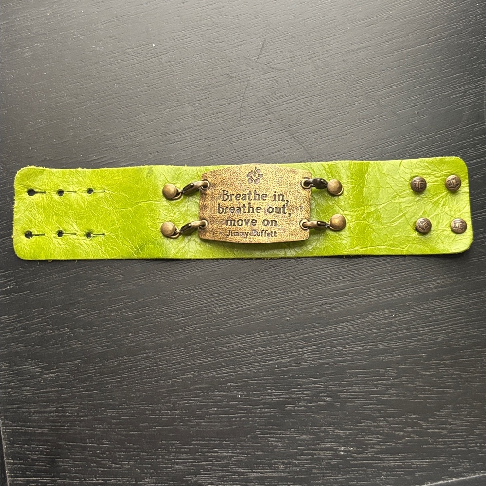 Lenny & Eva Green Leather Cuff Bracelet with Brass Plate Jimmy Buffet Quote - Picture 3 of 7